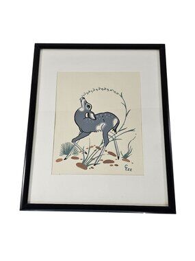 Gouache Painting Of Deer By Navajo Artist Charles Lee Framed Matted 8.5x10.5